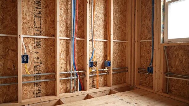 Interior of a new home under construction with visible wood studs and OSB sheathing highlighting the intricate rough-in installation of plumbing pipes and elect