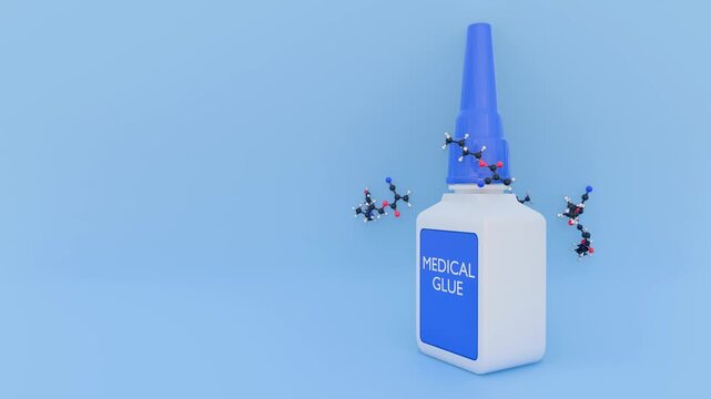 A 3d animation of a bottle of "MEDICAL GLUE",  the molecule is a cyanoacrylate approved for use as topical skin adhesives.