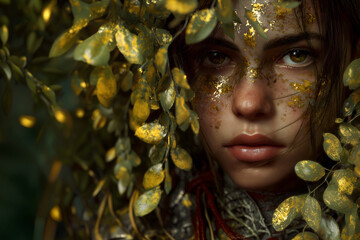 Fashion surreal Concept. Closeup of pretty childlike woman with intense emotional eyes with gold flakes on face surround with pyrite leaf leaves foliage. copy text space