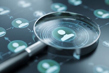 Close up of microscope and magnifying glass on computer keyboard with technology and data elements