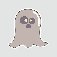 Spooky Grey Ghost Sticker. A cute and eerie vector illustration of a grey ghost with glowing eyes and an open mouth, perfect for Halloween, kids' crafts, and festive designs