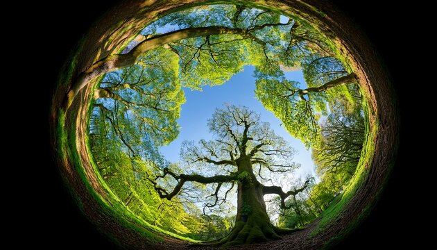 An Ancient Woodland Tree Canopy In The Uk Through A Fish Eye Lens In The Spring Sunshine With Fresh Green Leaves Against A Blue Sky
