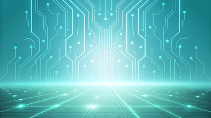 Abstract glowing digital circuit board pattern with bright light in the center