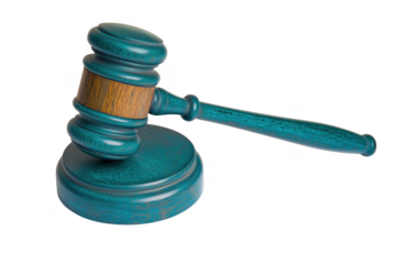 A teal colored wooden gavel resting on a wooden block against transparent background