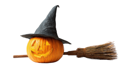 Jack-o'-lantern on broomstick isolated on transparent background