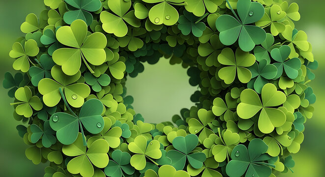 A st patrick's day wreath made of green shamrocks with water droplets on a blurred green background created with generated ai