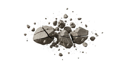 Fragmented stone explodes midair against a stark black background with debris scattered
