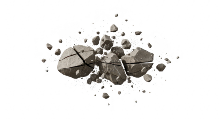 Fragmented stone explodes midair against a stark black background with debris scattered