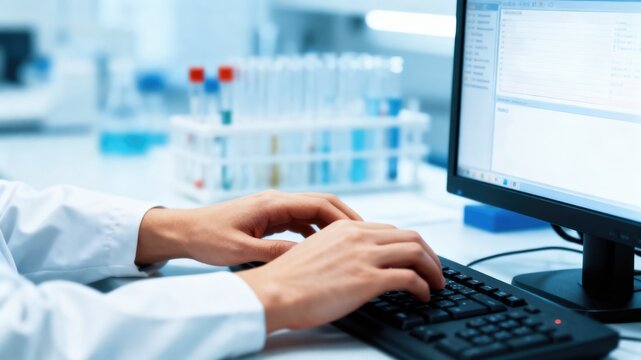 Scientist working on a computer in a laboratory setting, typing on a keyboard. - Powered by Adobe