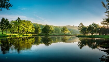 Obraz premium Water S Surface Reflected With Trees Peaceful Surrounding Serene Landscape Still Life