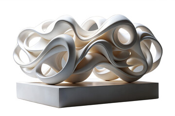Intricate modern sculpture of flowing white ribbons and organic loops, creating a dynamic cloud-like form on a solid base against a clean white background