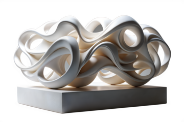 Intricate modern sculpture of flowing white ribbons and organic loops, creating a dynamic cloud-like form on a solid base against a clean white background