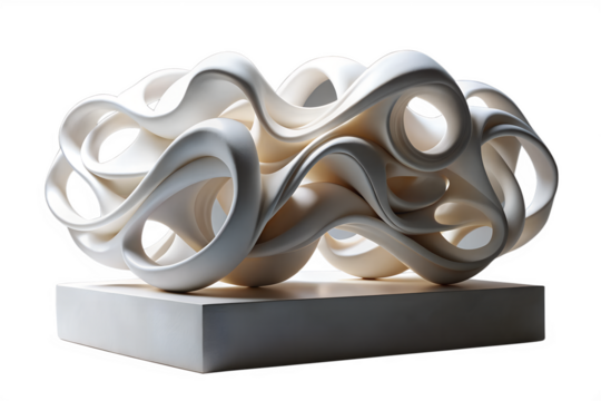 Intricate modern sculpture of flowing white ribbons and organic loops, creating a dynamic cloud-like form on a solid base against a clean white background