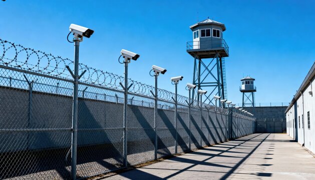 A secure prison facility with high fences, surveillance cameras, and guard towers under a clear blue sky. The environment is stark and industrial.