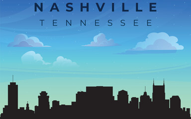 Fototapeta premium Silhouette of Nashville, Tennessee, against a blue sky with a few clouds. The silhouette includes various buildings that create a panorama of the city.
