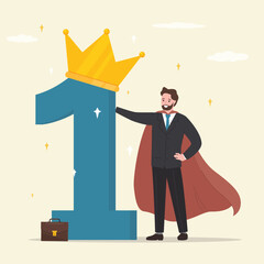 Confident businessman superhero stand with first place award with crown. Winner achievement, success or business victory, award winning celebration © Alina