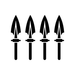 Four stylized spear icons; minimalist, dark, graphic design;  powerful, symbolic, and mysterious.