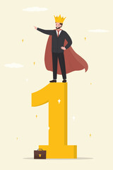 Confident businessman superhero stand on first place award with crown. Winner achievement, success or business victory, award winning celebration or best employee