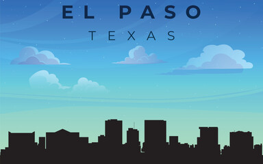 Naklejka premium A stylized silhouette of the city of El Paso with the inscription “EL PASO TEXAS” at the top. Against the backdrop of a blue sky with fluffy white clouds, the outline of skyscrapers is depicted.