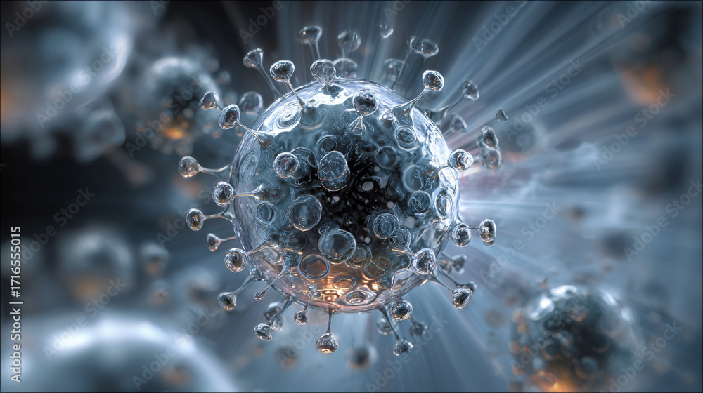 Poster microscopic view of a virus particle surrounded by others a detailed 3d render showing its structure