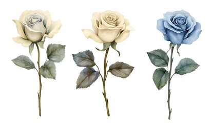 Watercolor blue and beige rose floral bouquets clip art set, isolated on a white background, in a vintage style. Simple watercolor illustration, vector, flat design, detailed character design
