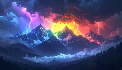 Fantasy Mountain Range With Radiant Clouds