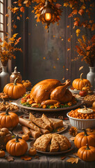 Obraz premium Turkey on a platter surrounded by pumpkins, pies, and other festive foods arranged on a table for thanksgiving celebrations, creating a warm and cozy holiday atmosphere
