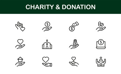 Charity and Donation Icon Set Featuring Fundraising, Giving, Helping Hands, and Support Symbols in Vector Style
