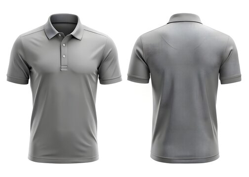 Front and back view of a gray polo shirt with a subtle textured pattern on the back, short sleeves, and a collared neckline, isolated on a white background