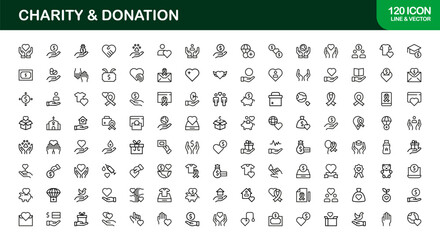 Charity and Donation Icon Set Featuring Fundraising, Giving, Helping Hands, and Support Symbols in Vector Style