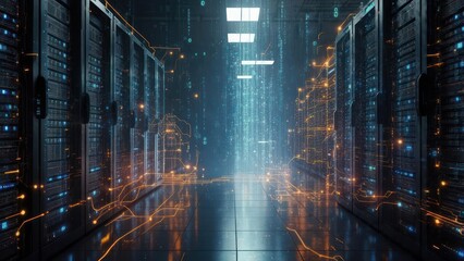 Explore the future of data with a cutting-edge server room and vibrant network connections for business solutions