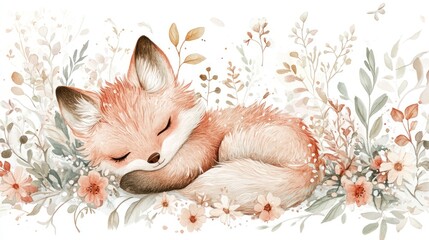 Obraz premium Cute fox sleeping in flowers