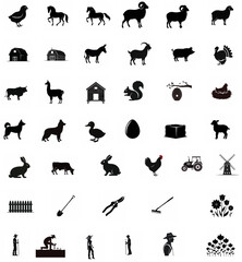 Icon set of farm animals, buildings, tools and vehicles&rdquo;
