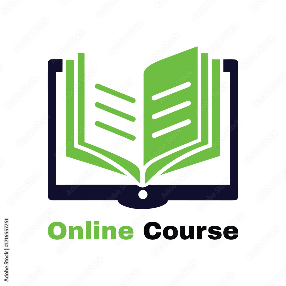 Poster open book icon on screen with text online course computer monitor