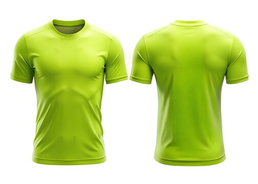 Front and back view of a bright green shortsleeved athletic tshirt, isolated on white background
