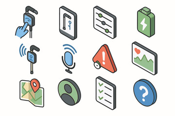 A set of colorful icons in isometric graphics style related to technology and smart devices. The style is modern and minimalistic, ideal for gadgets and smart home themes.