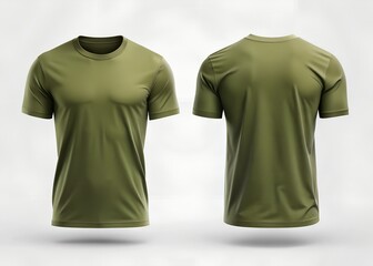 Front and back view of a plain olive green tshirt with short sleeves, isolated on white background