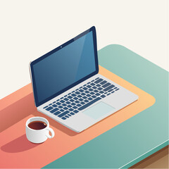 Fototapeta premium Isometric illustration of a modern digital workspace with an open laptop computer and a cup of hot coffee on a desk