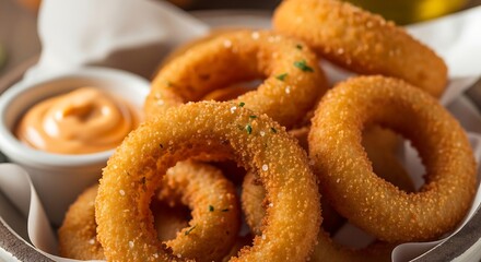 Crispy Golden Onion Rings with Dipping Sauce Close-Up.