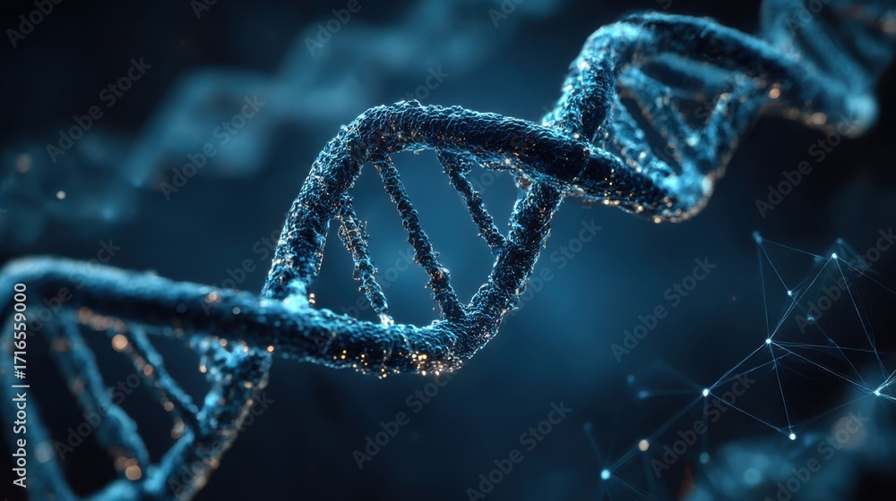 Poster detailed view of a dna double helix structure showcasing its molecular complexity in a dark, digital