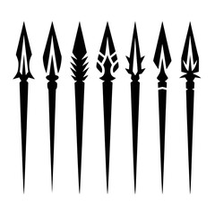 Collection of Eight Stylized Spearhead Designs;  Abstract Vector Graphics; Dark Background.