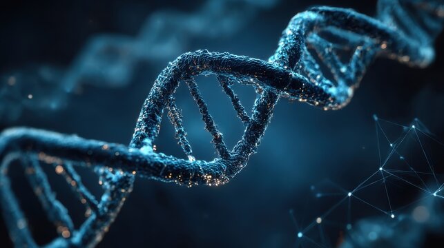 Detailed view of a DNA double helix structure showcasing its molecular complexity in a dark, digital environment