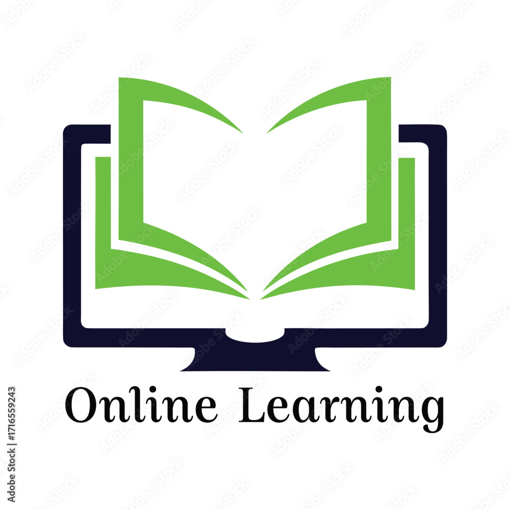 Poster open book with green pages above a dark blue computer monitor and text vector