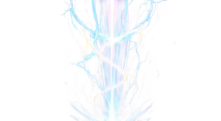 Abstract vertical beam of bright white light with energetic blue and white streaks against a black background