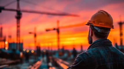 Construction worker viewing sunset over city skyline with cranes silhouetted against colorful sky