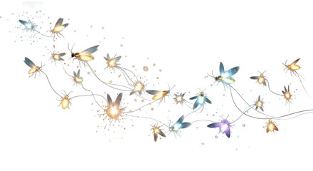 Magical glowing fairies dance amongst twinkling lights in the dark night sky