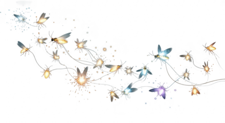 Magical glowing fairies dance amongst twinkling lights in the dark night sky