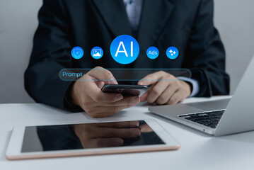 Businessman interacts with generative AI interface using prompt input to create content,Visuals, innovative ideas. Advanced technology, artificial intelligence,Creativity tools in digital work