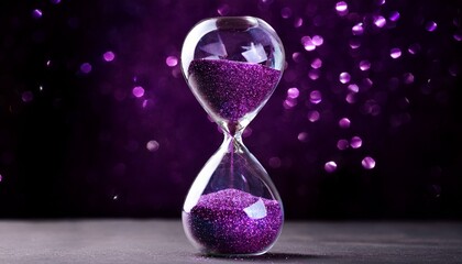 Sparkling Purple Glitter In Hourglass Against Dark Background