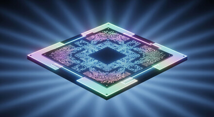 Photo of glowing futuristic microchip with radiating light